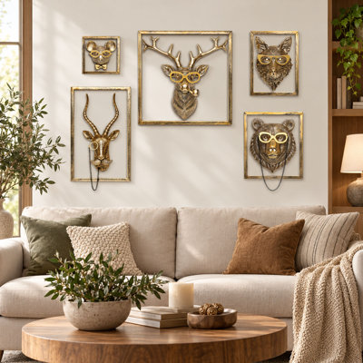 Ensemble de 5 sculptures murales dorées vintage en forme de têtes d'animaux avec cadre en métal