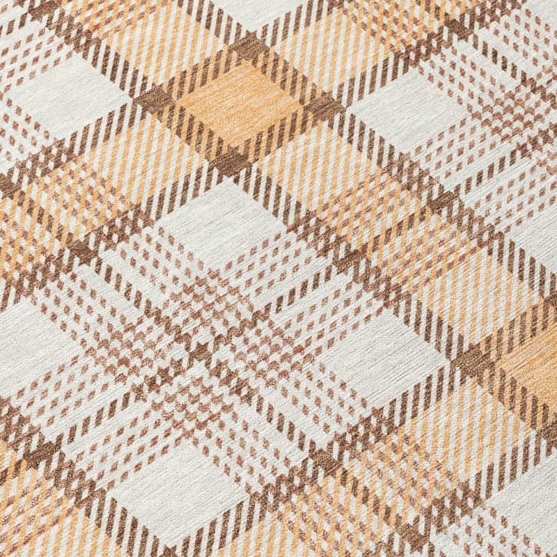 Peach and Beige Plaid Washable Synthetic Rug, 3' x 5'