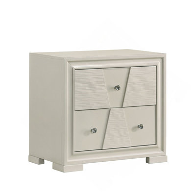 Textured Trapezoid Front Panels Nightstand English Dovetail Drawers Round Knobs Central Metal Glide White Finish Bedroom Furniture