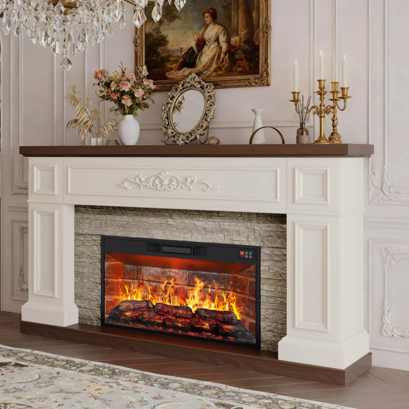 60” W Solid Farmhouse Wood Electric Fireplace Mantel With 30” Firebox,Carved Pilasters & Stacked Stone, Antique White/Brick