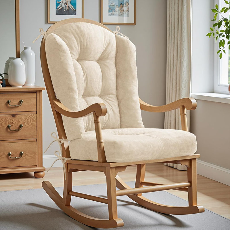 Coussin de chaise berçante à oreilles - grands coussins de chaise Adirondack, éponge haute densité, coussins de chaise berçante en chenille avec attaches, ensembles de 2 pièces - Coussin de siège et de dossier, ivoire | Taille standard