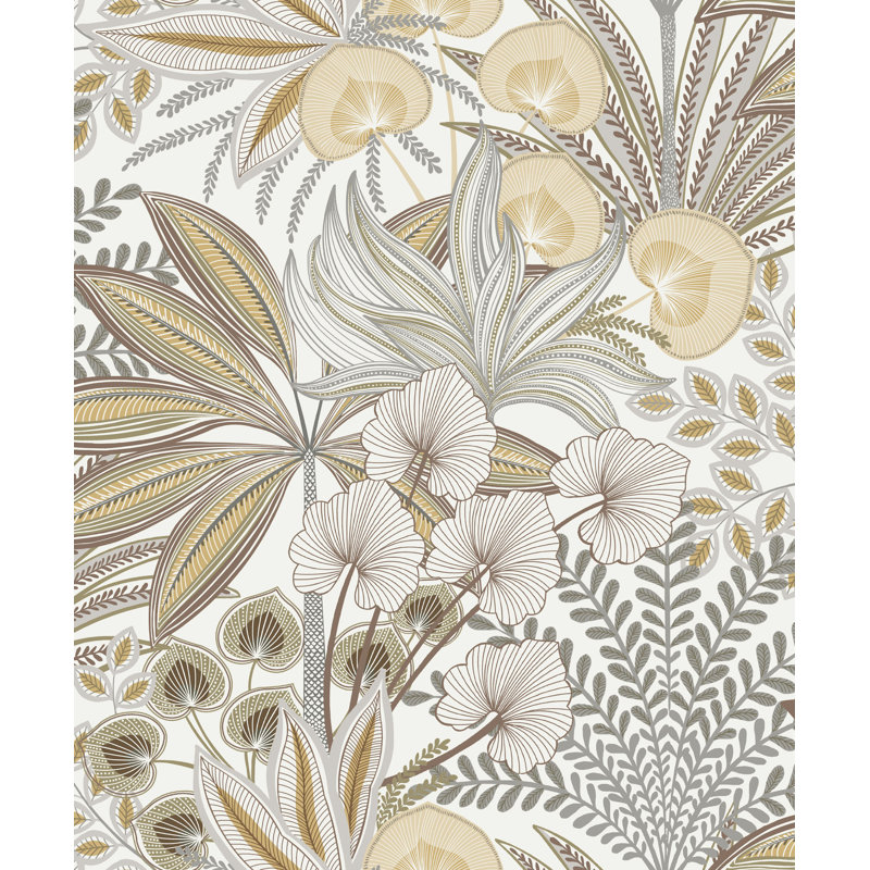Papier peint texturé non tissé à motif de fougères tropicales et de fleurs Pi., Jaune/gris