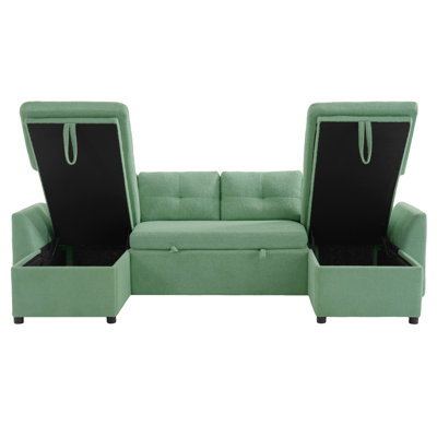 Modern U-shaped Sofa With Storage, Teddy Fabric, Green, For Living Room