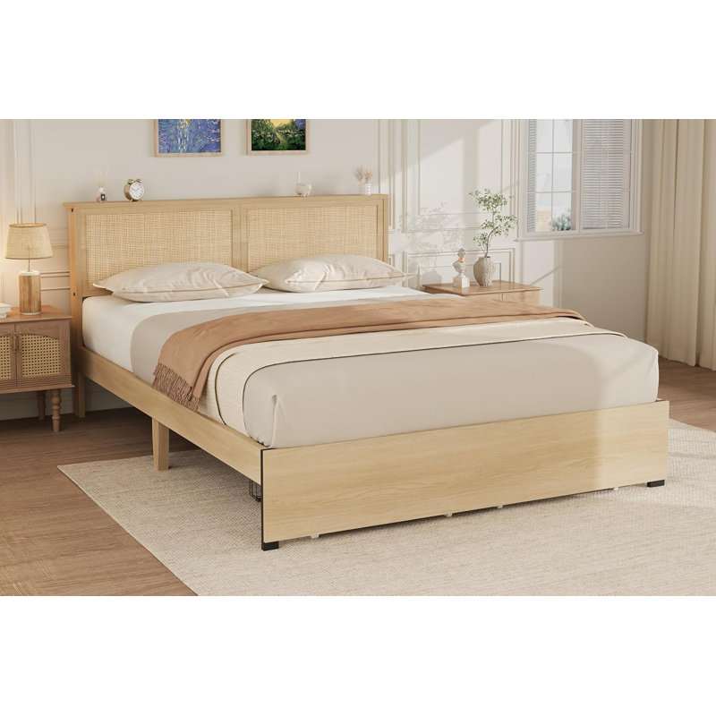 Platform Bed Frame, Bed Frame With Natural Rattan Headboard, Cane Bed Frame With 2 Storage Drawers And Strong Wood Slats Support, Noise Free, No Box Spring Needed