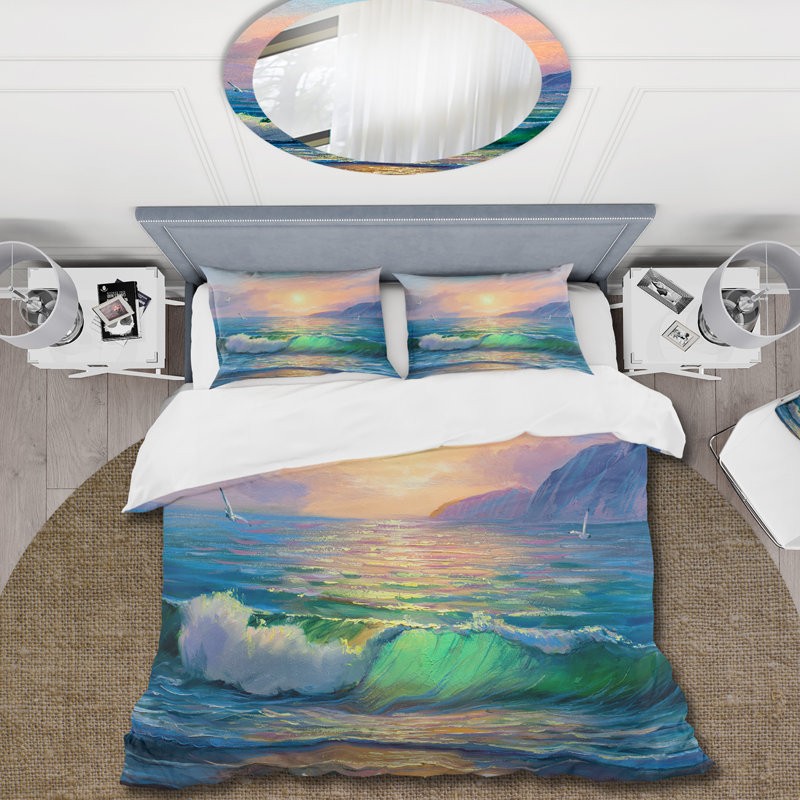 Blue Waves Breaking At The Beach V - Ensemble de housse de couette nautique et côtier - Polyester en microfibre