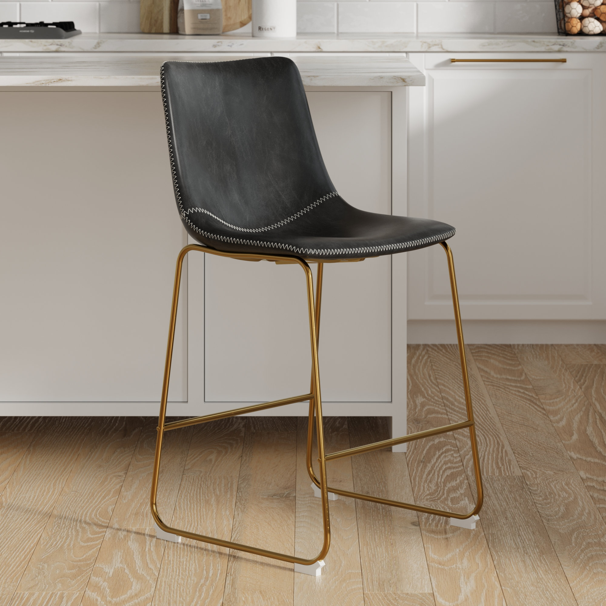 Nia Vegan Leather Bar & Counter Stool, Black, Counter Stool (24" Seat Height), Gold