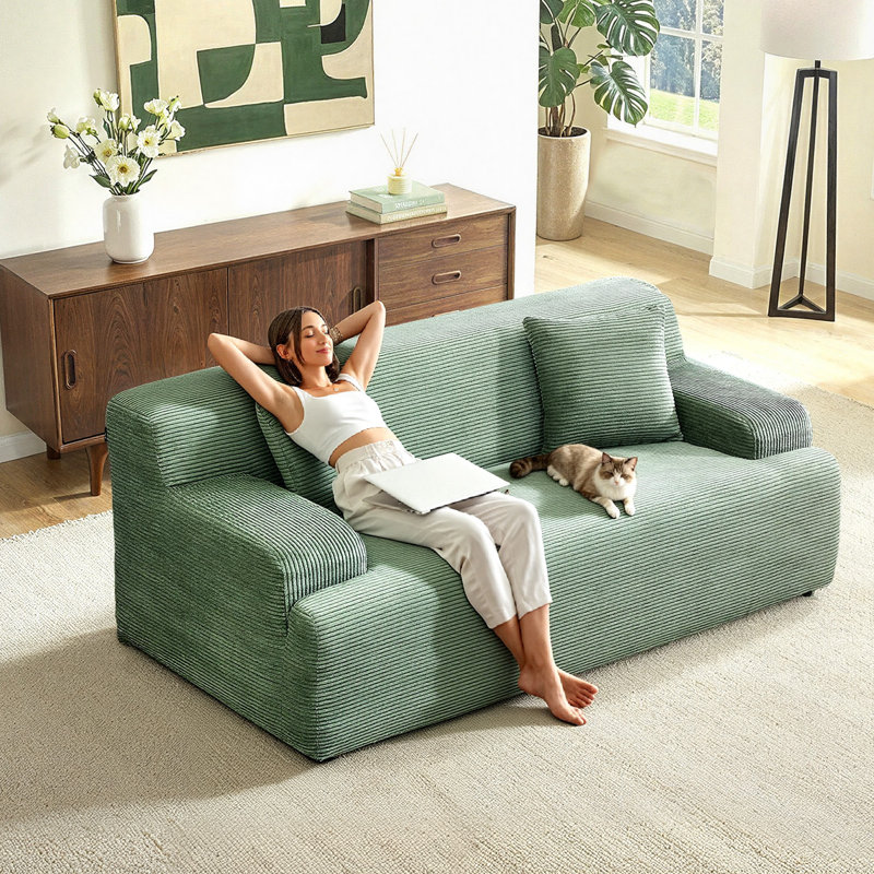 Corduroy 2-Seater Sofa Loveseat With Rolled Arms And Removable Base, Green