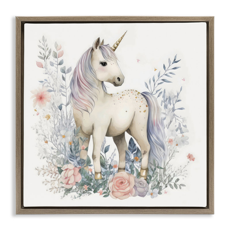 Licorne dans un cadre flottant délicat à motif floral, design Creative Studio, H 25 po x l 25 po