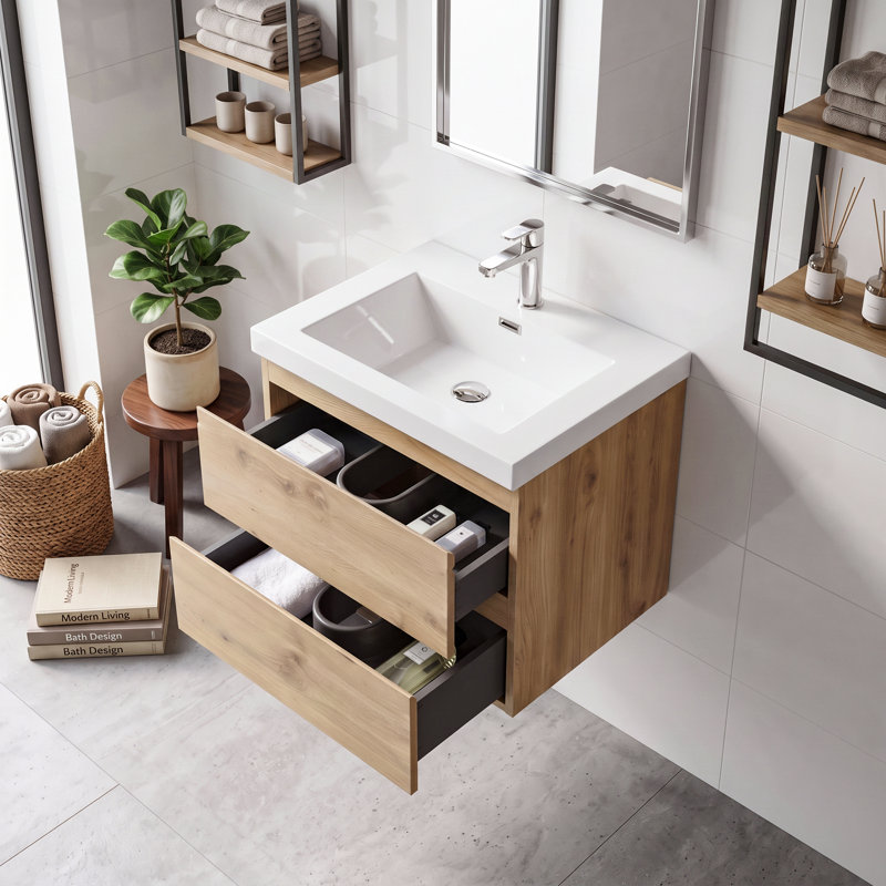 Meuble-lavabo suspendu de 61 cm (24 po), armoire en mélamine de bois avec lavabo intégré en résine et carbonate de calcium