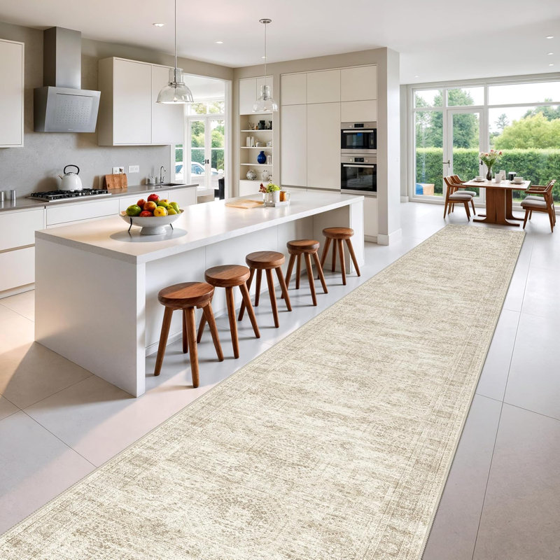 Tapis lavable rétro antidérapant (beige), Tapis de couloir 2 pi 6 po x 14 pi