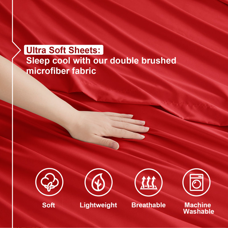 Ensemble de draps double brossé de luxe pour hôtel avec draps et taies d'oreiller très doux, Rouge cerise, Grand