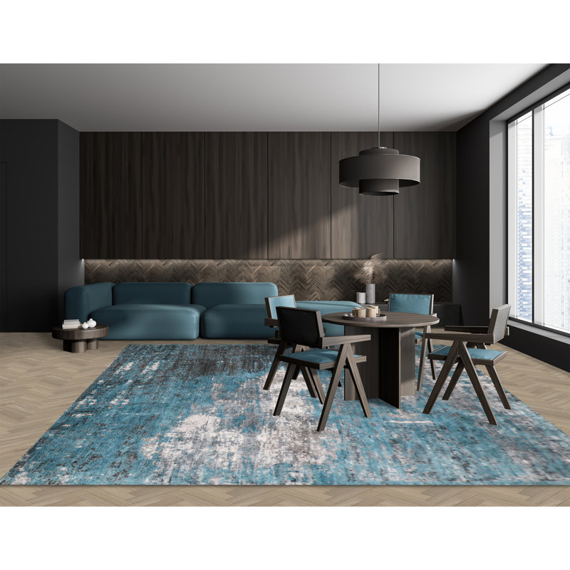 Abstract Area Rug in Turquoise/Gray/Ivory, Rectangle 6' x 9'