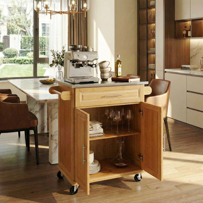 Chariot de cuisine intérieur en bambou compact avec plateau en acier inoxydable - Îlot de rangement mobile avec tiroir et armoire pour petits espaces