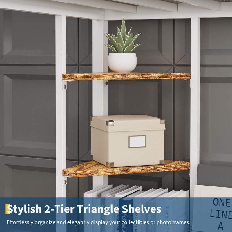 Twin Size Heavy Duty Metal Loft Bed With Large Desk Storage Shelves Safety Guardrail Ladder Steel Slats Support Space Saving White And Retro Brown Color For Kids And Adults