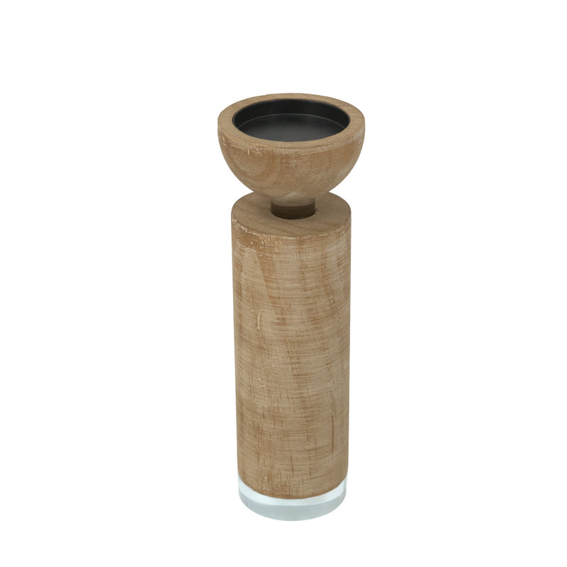 Porte-bougie brun en bois avec base en verre, H 11 po x l 3 po x P 3 po