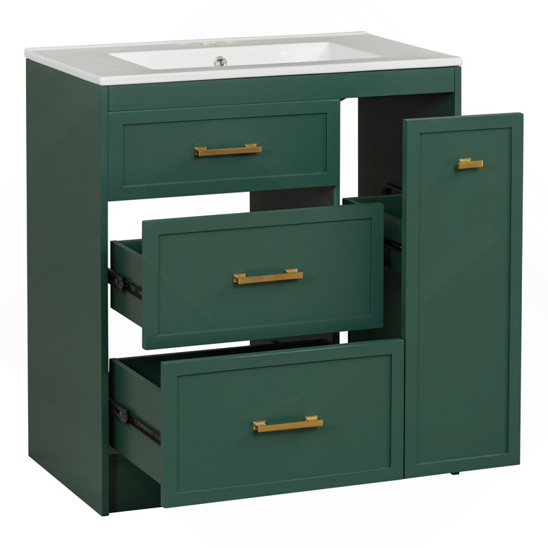 Ensemble de meuble-lavabo classique vert forêt de 30 po avec trois tiroirs, dont un tiroir double couche, avec de longues poignées dorées - pour les petites salles de bain