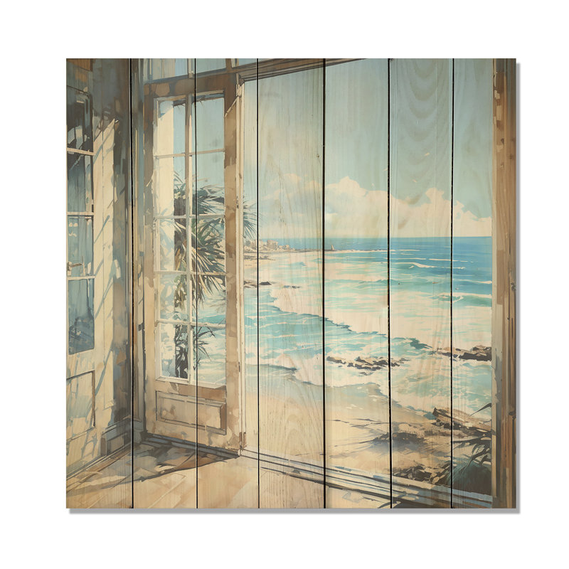 «Coastal Window View By The Beach II» - Impression sur bord de mer sur bois, H 36 po x l 36 po