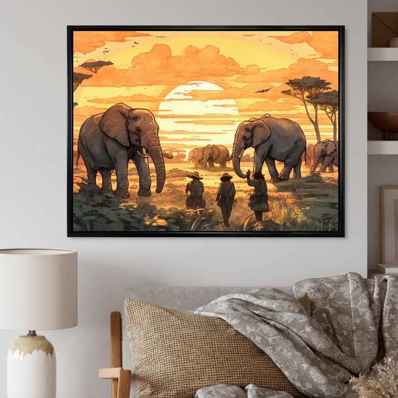 Safari africain jaune avec éléphants sur toile, H 34 po x l 44 po x P 1,5 po, Cadre flottant noir