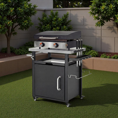 Chariot-grill de 39,5 po avec armoire de rangement, table-four à pizza pour l'extérieur avec roulettes, plateau en acier inoxydable, îlot de cuisine extérieur avec épices