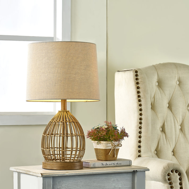 22" Brown Traditional Metal Rattan For Bedroom Living Room Bedside Desk Nightstand Single Table Lamps With Oatmeal Linen Empire Shade