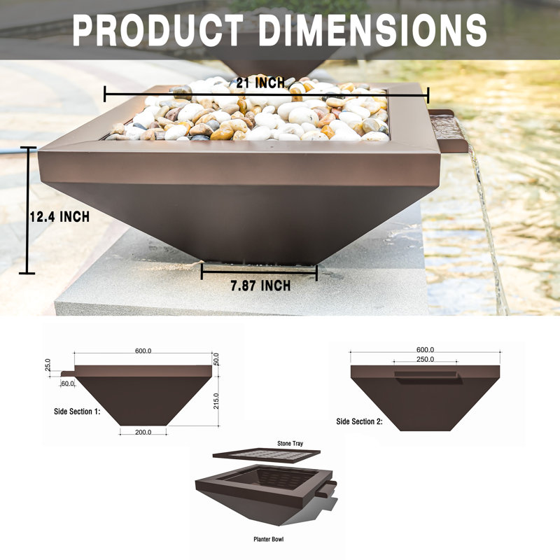 24" Square Garden Water Bowl, Stainless Steel Spilling Water Feature for Outdoor Ponds, and Other Landscaped Areas (Antique Brown Coated)