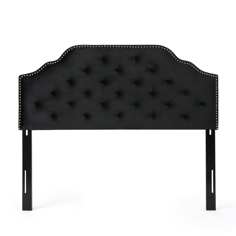 Black Velvet Queen Size Headboard - Solid Wood Frame & Metal Legs, Adjustable Height With Nailhead Trim, Black Velvet, Full