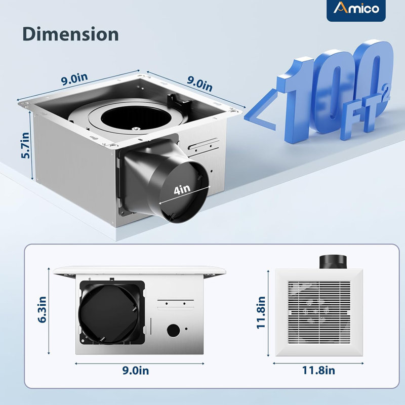 Ventilateur de salle de bain, 1,0 Sones, 110 CFM, Ventilateur de salle de bain à faible bruit et domestique