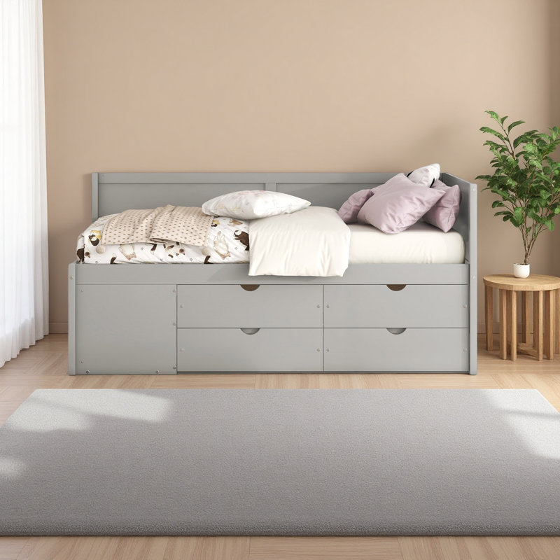 Lit de jour avec tiroirs et tablettes, Gris, Lit simple