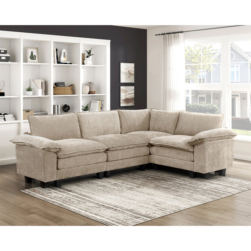 Moderne contemporain 4 pièces modulaire moelleux confort moelleux en chenille taupe, mobilier de salon en contreplaqué durable