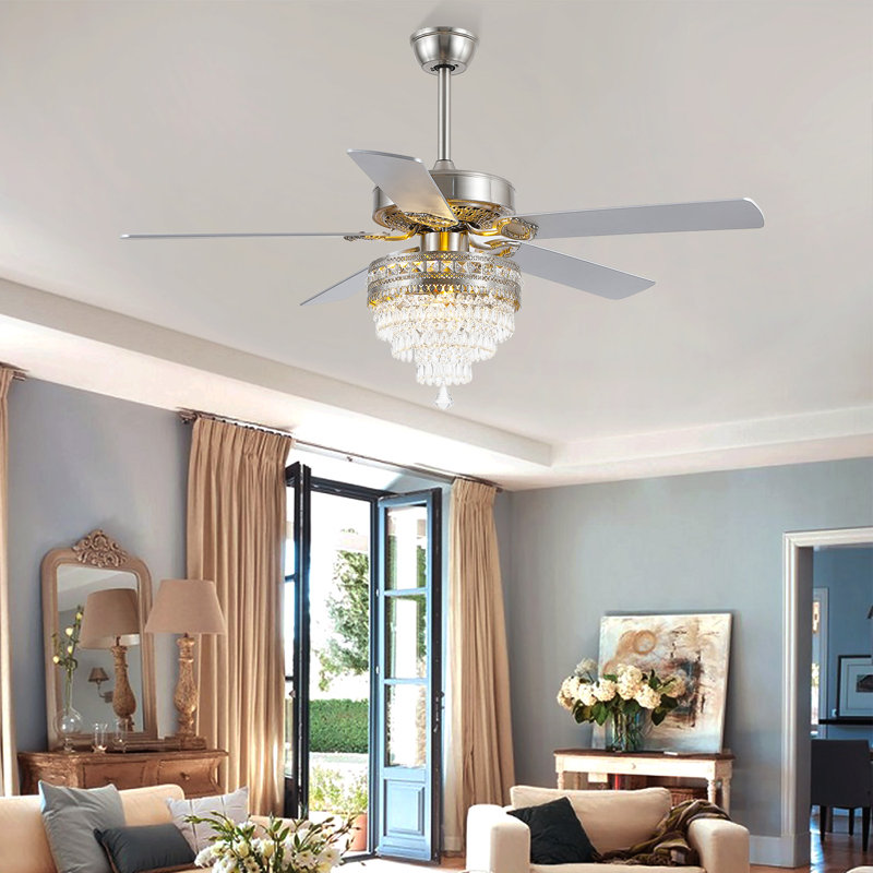 Ventilateur de plafond 52 "/ 62" en cristal Fandelier avec lumières et télécommande, Argent, 52"