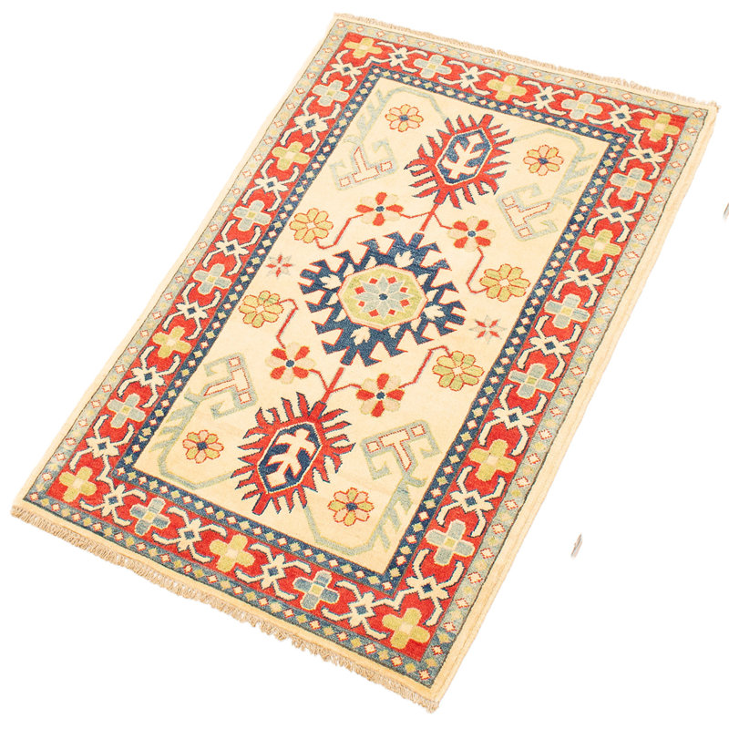 Tapis décoratif en laine de conception unique rouge/beige noué à la main New Age 3 pi 2 po x 4 pi 11 po Borgar