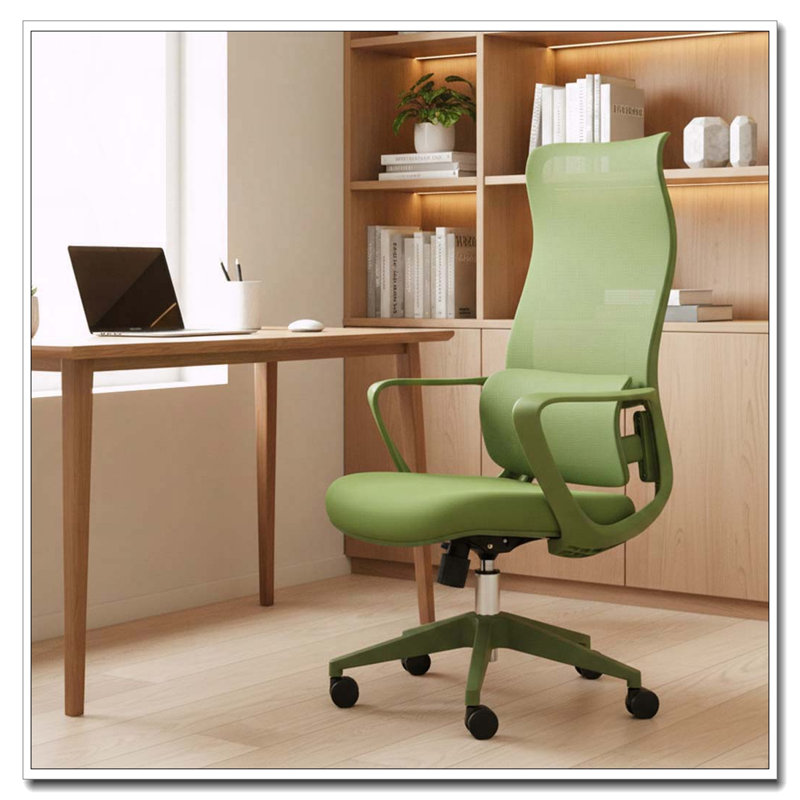 Chaise de bureau ergonomique en maille à haut dossier avec support lombaire réglable, Green Nylon - High Back