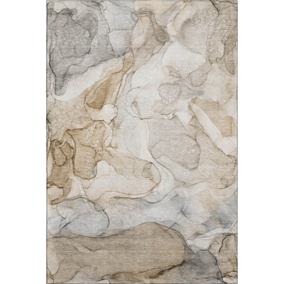 8' X 10' Beige And Ivory Abstract Washable Area Rug With UV Protection