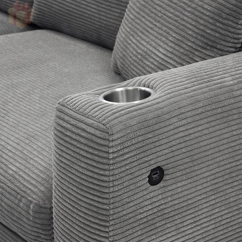 Luxueux canapé modulaire en velours côtelé avec méridienne, charge USB et porte-gobelets pour un confort et une commodité ultimes.