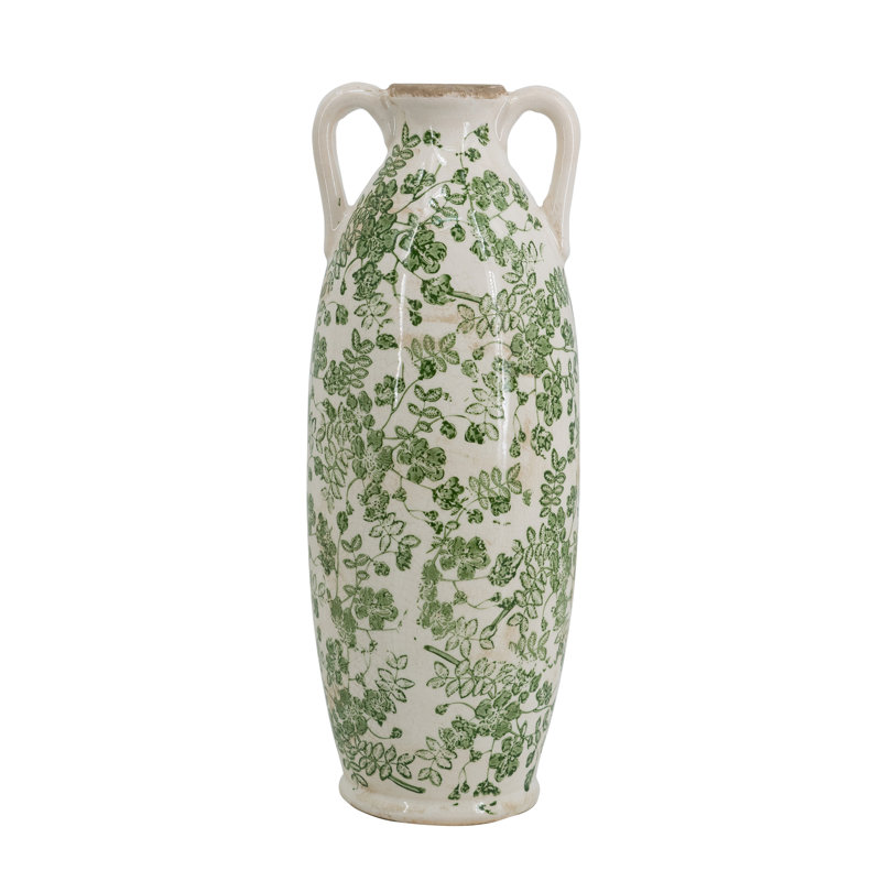 White Ceramic Flower Vase with Green Floral Pattern and Small Handles, 15.6"