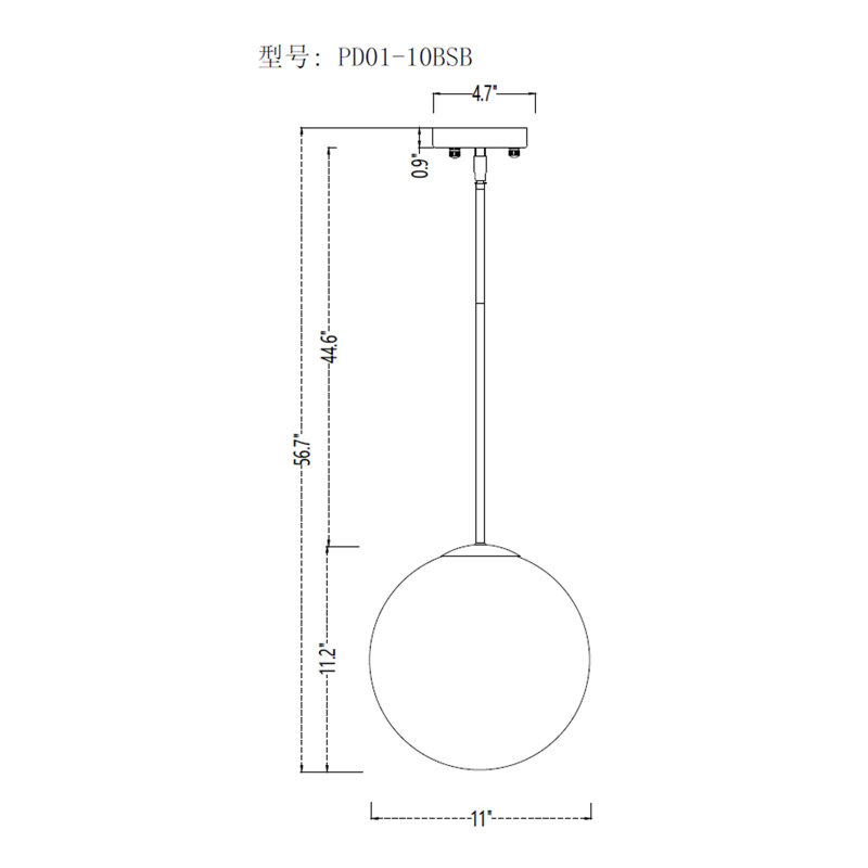 Suntke 1 - Light Polished Sphere Pendant, 48" H x 11" W x 11" D