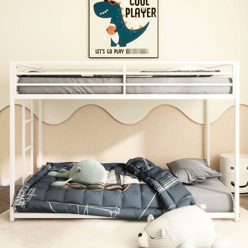 White Twin Over Metal Bed Frame, Support, Stable , Reinforced Guardrails, Quick Assembly Bunk Twin, Features, No Box Spring, Fits Mattresses Of Specific Size