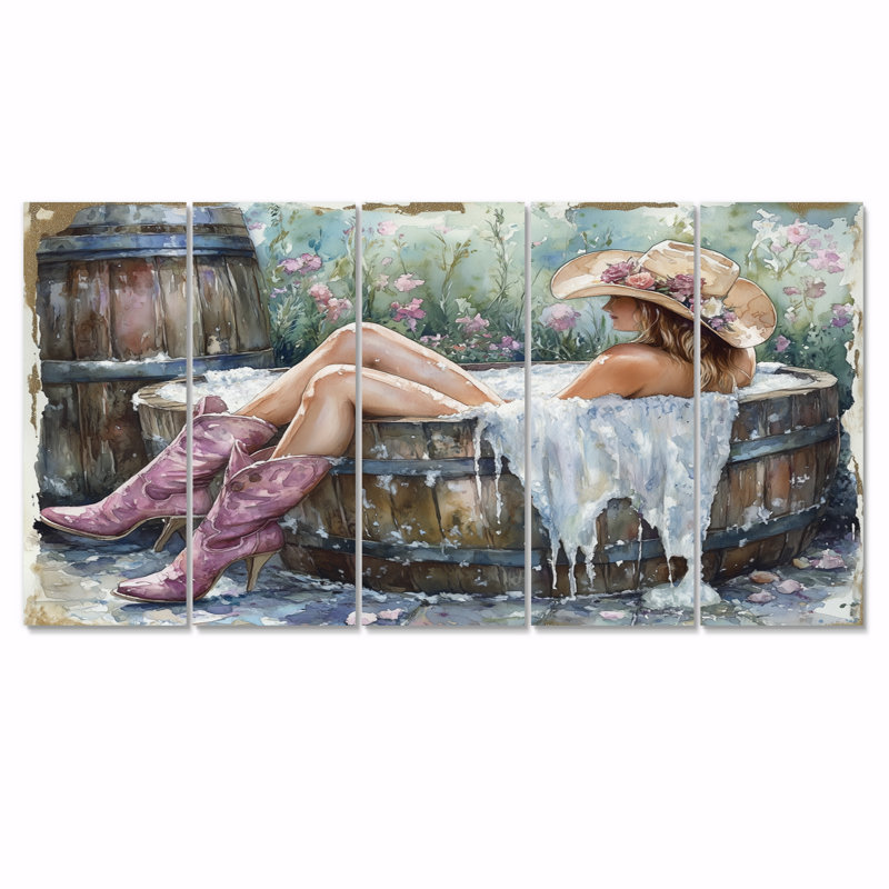 Cow-Girl prenant un bain dans un baril de ferme V - ensemble de salon d'art mural, H 32 po x l 80 po