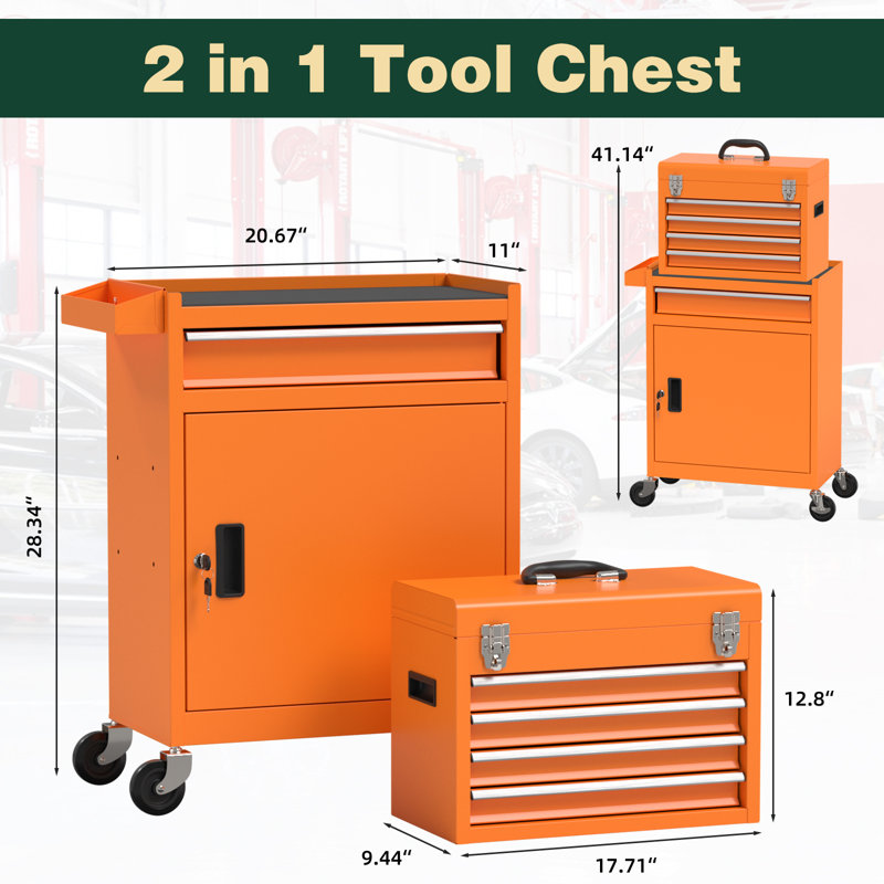 41.1'' Detachable Toolbox Storage Cabinet, 5-Drawer Tool Chest with Wheels (Orange), Orange