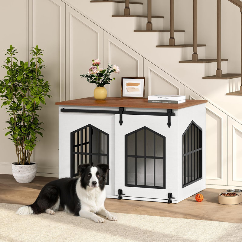 Chenil de ferme 31,5 "avec porte de grange coulissante, White and Walnut
