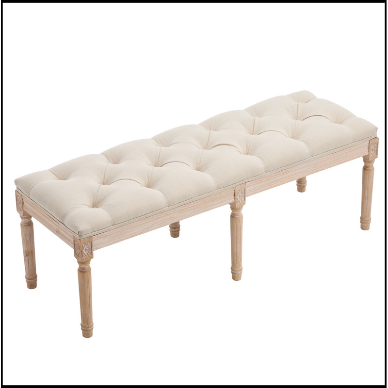 Banc rembourré capitonné avec pieds en bois vieilli, Crème