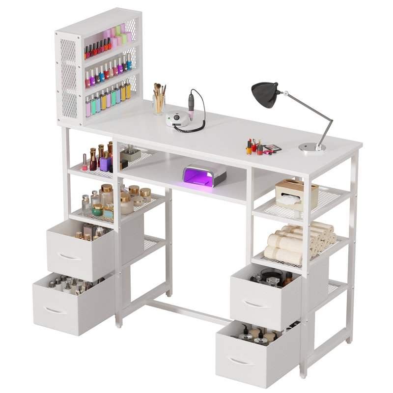 Reversible Manicure Table with Nail Polish Rack, Open Shelves and  Drawers, Modern Nail Desk for Salon and Home Studio, Nail Workstation