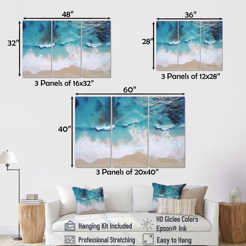 Vagues blanches et bleues vue aérienne I - plage, art mural, Toile tendue, H 40 po x l 61 po x P 1 po