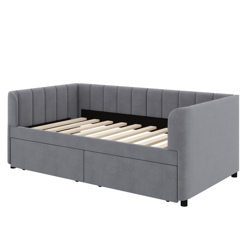 Lit de jour rembourré avec dossier ergonomique et 2 tiroirs, Gris