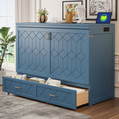 Queen Size Murphy Bed Wall Bed with drawer and a set of Sockets & USB Ports, Navy Blue