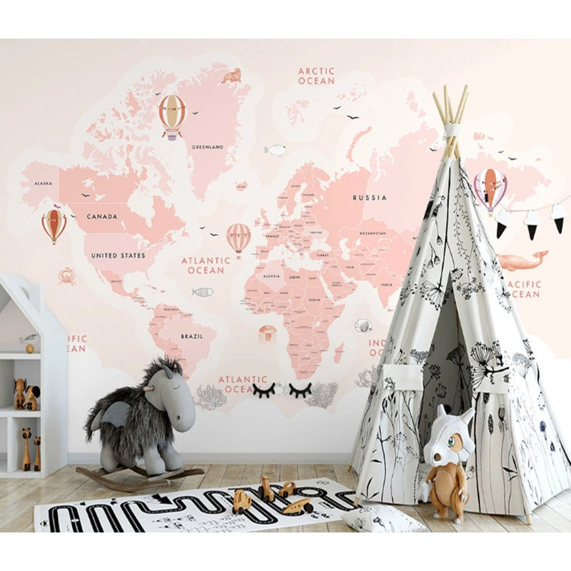 Papier peint amovible avec fond de carte du monde rose, L 114 po x l 204 po