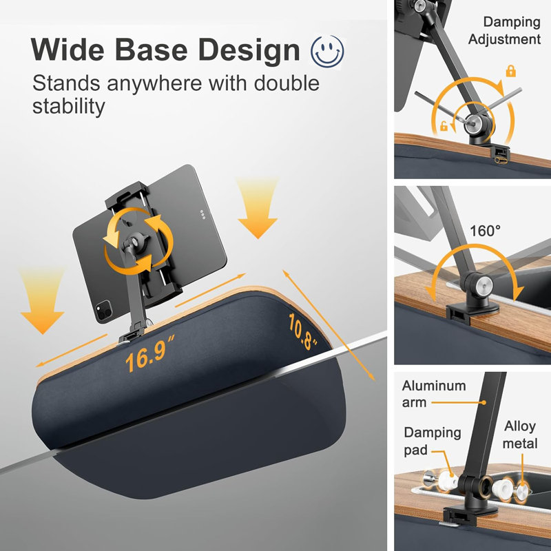 Adjustable Lap Beanbag Tablet  Stand, with Snack Bowl,360° Rotating Cli