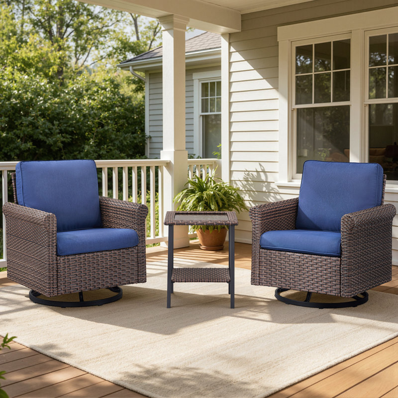 Wicker Rattan Outdoor Swivel Chair Set with Side Table (2 Chairs + 1 Table), Blue