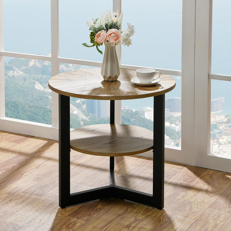 Table de bout ronde avec rangement, table d'appoint Farmhouse Circle pour le salon, table de chevet à 2 niveaux en bois massif, plateau de table en bois naturel et structure en métal noir, P 25,2 po x H 24 po