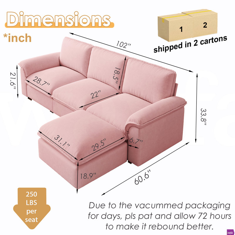 Kujtesa 102" Chenille L-shaped Sofa with One Movable Ottoman., Pink Chenille